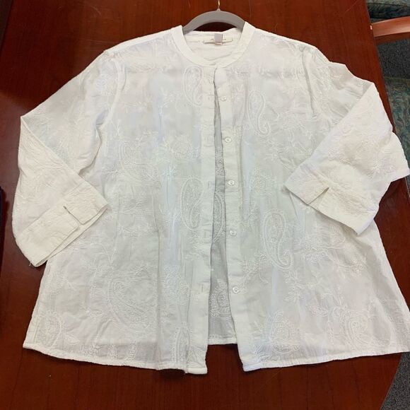 JM Collection White Cotton Paisley Embroidered Button Down Shirt sz 18 - Picture 1 of 4